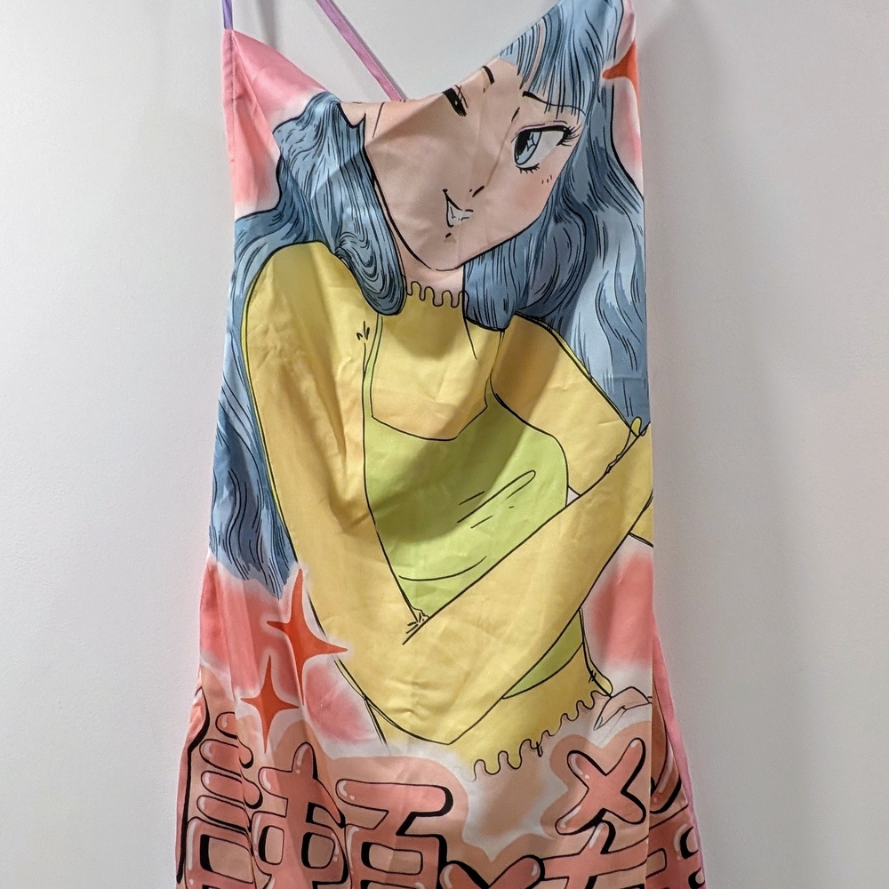 Bershka Satin Anime Girl Graphic Mini Dress